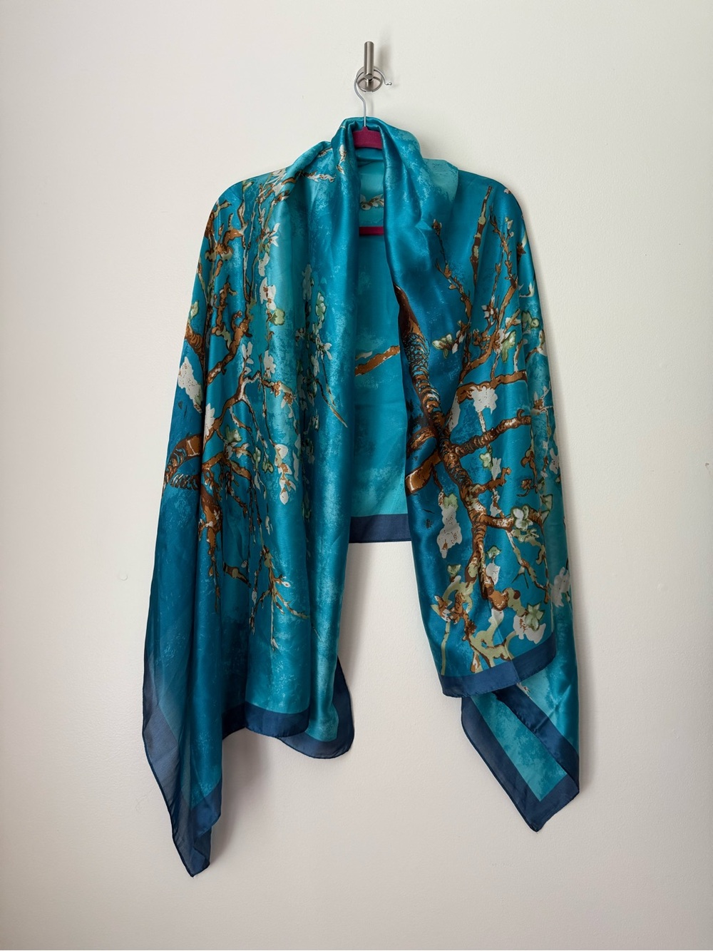 AmaWaterways Van Gogh Almond Blossom Satin Scarf Oversized Shawl Blue